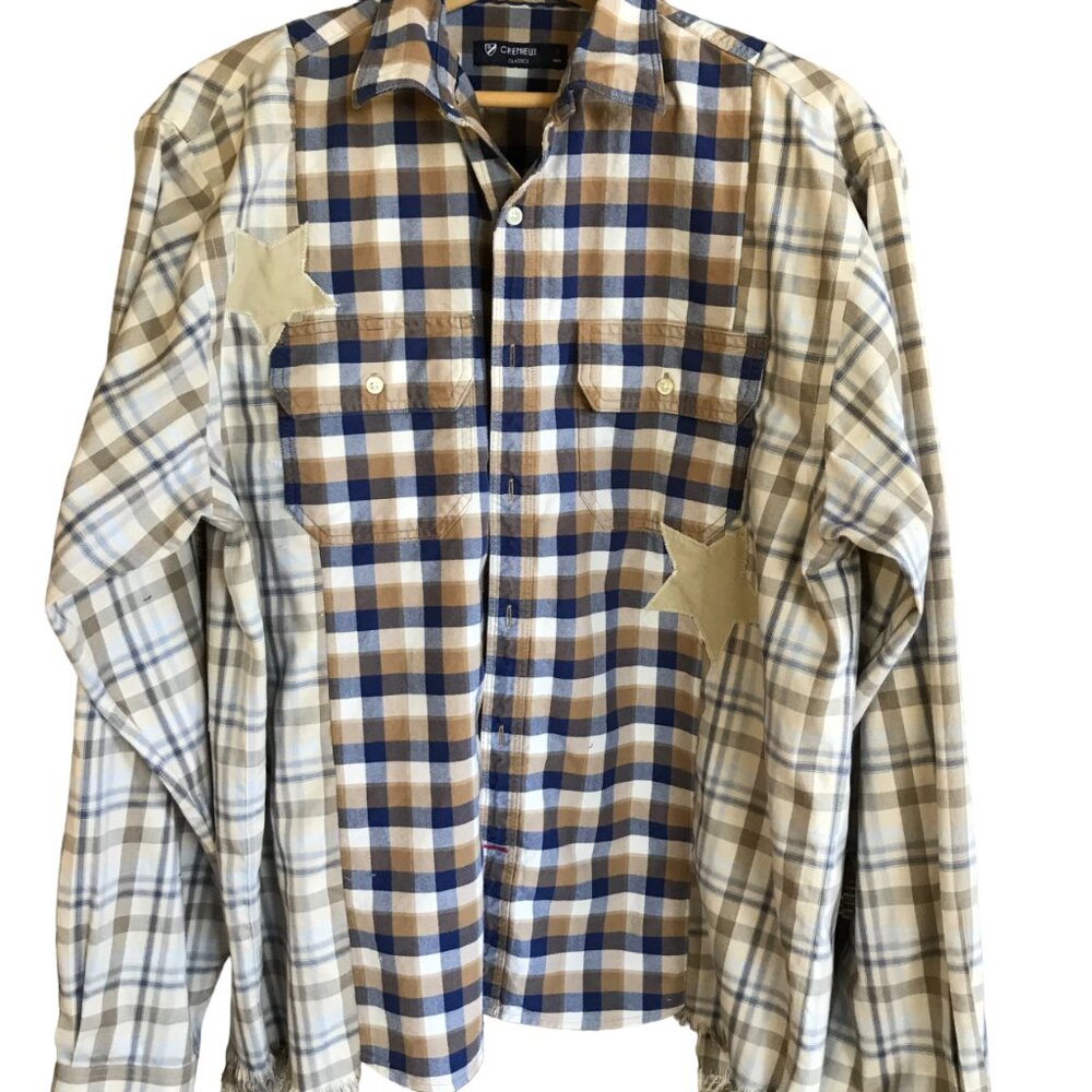 Upcycled Patchwork Plaid Shirt, Boho Mixed Print Top Star Appliqué Size M - L
